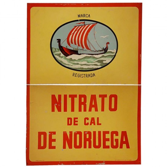 Cartel nitrato de cal de Noruega en dos partes, rojo y amarillo. Imagen con un barco vikingo.