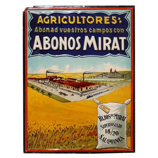 Agricultores abonad vuestros campos con Abonos Mirat. Imagen de la fábrica con Salamanca de fondo.